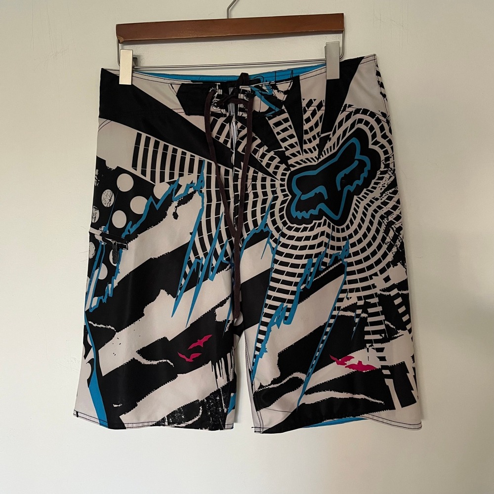 Fox Racing Mens Abstract Graphic Board Shorts Black White Blue Pink Size 33